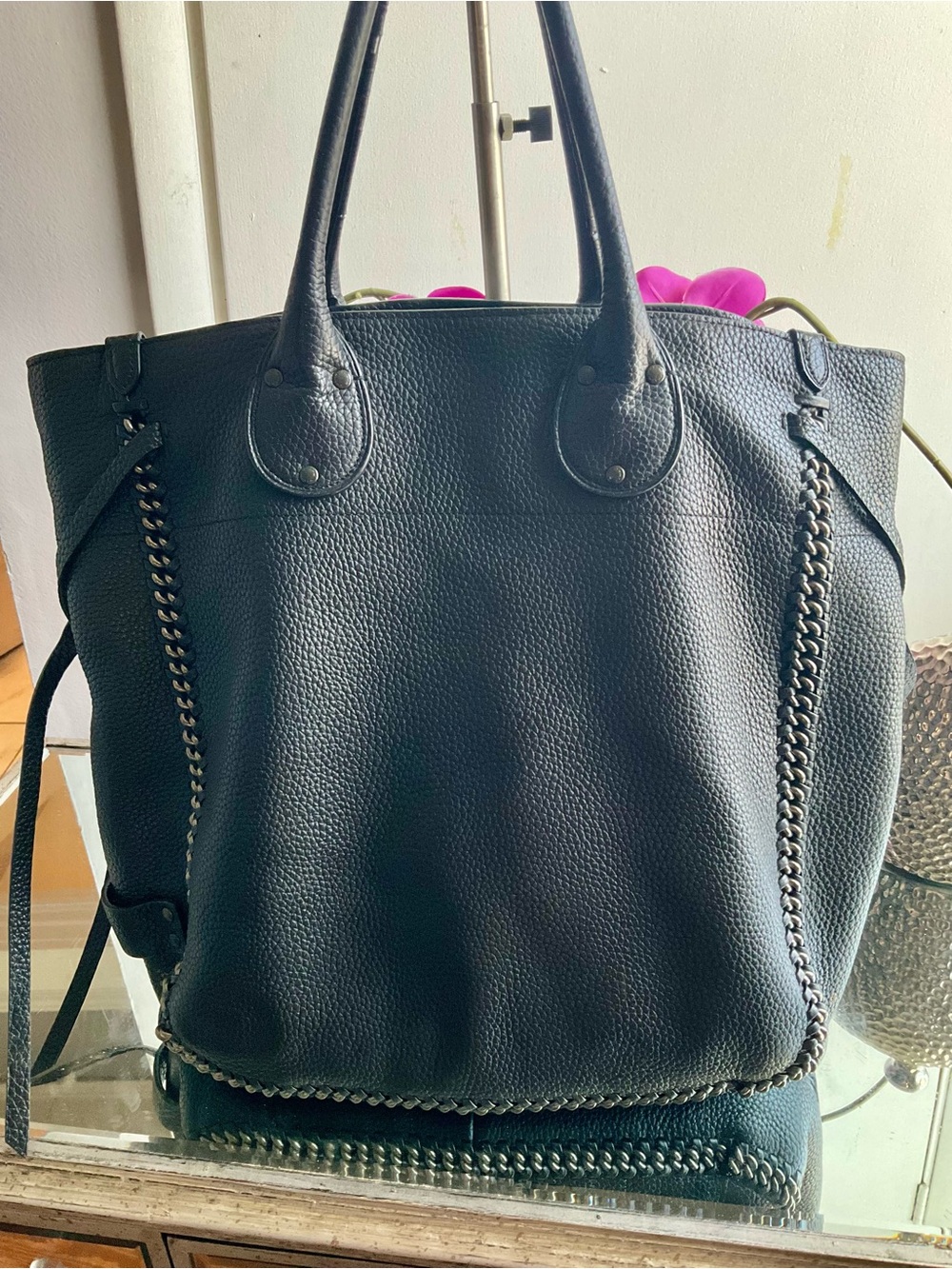 Coach Tatum Tall Pebbled Leather Tote with Chain-Trim